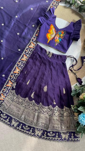 Butterfly Buff Lehengha-Choli Dupatta Vichitra Silk Purple Cheap kids wear supplier in Kolkata - wholesale export